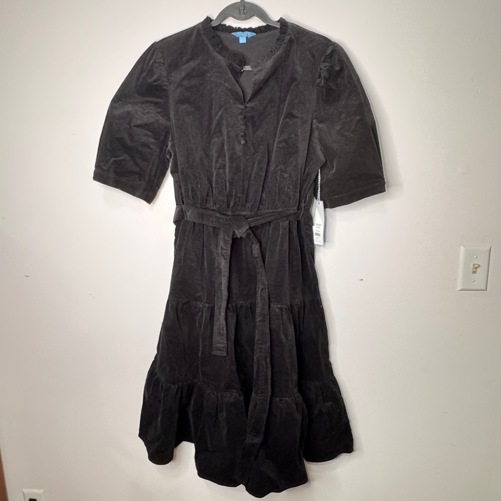 Draper James RSVP Black Corduroy Tiered Dress Button Front Wednesday Addams L